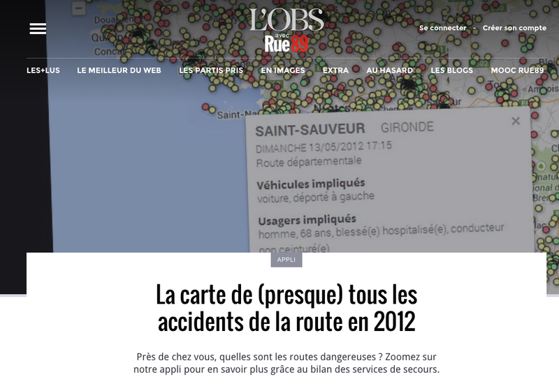 Rue89 : La carte de (presque) tous les accidents de la route en 2012 