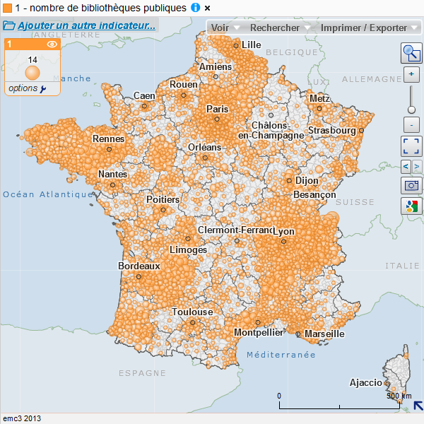 Carte des bibliothèques publiques en 2011 par code postal