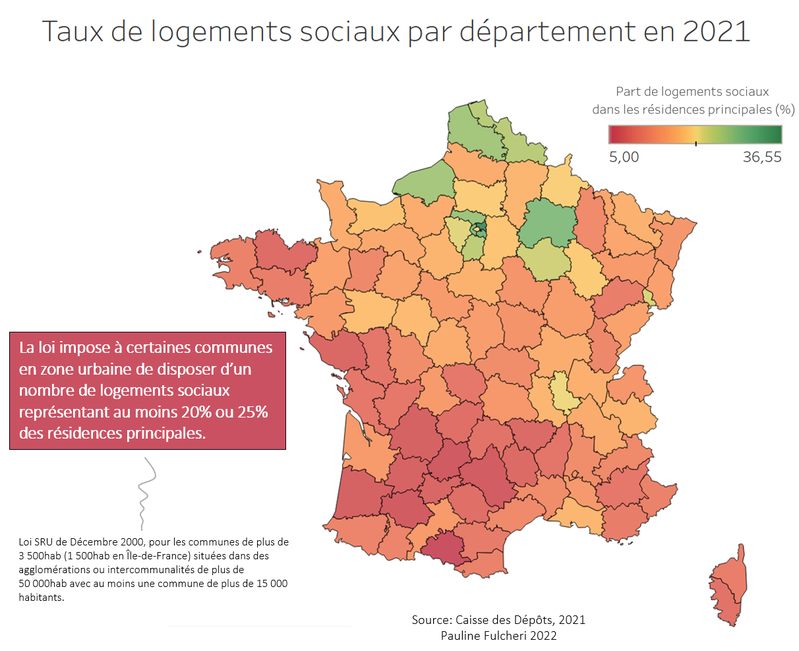 Taux de logements sociaux par département en 2021