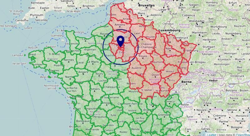 Carte déconfinement 100 km - Zone de sortie de confinement dans un rayon de 100 km autour son domicile, à vol d'oiseau