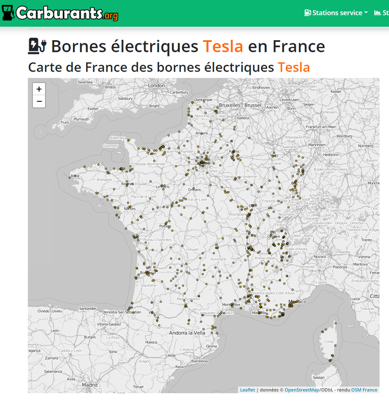 Carte de France des Superchargers et  Recharges à destination Tesla