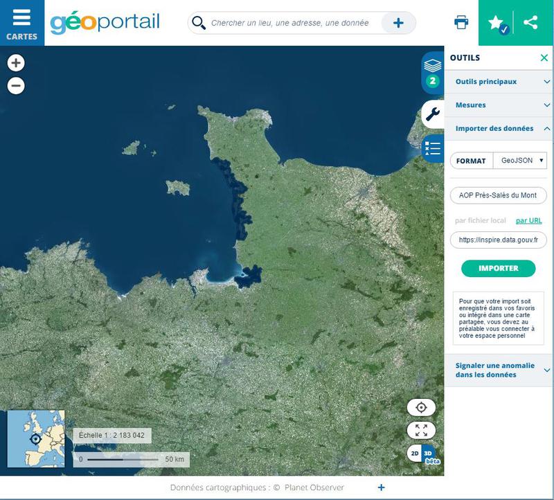 Visu Géoportail des zonages de l'AOP Pré-Salés du Mont Saint-Michel