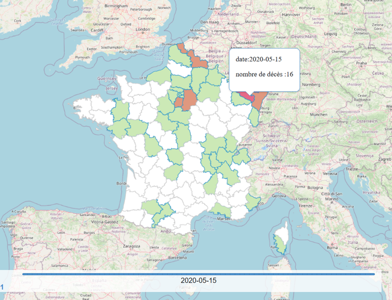 Carte présentant l'évolution du nombre de décès quotidiens liés au covid