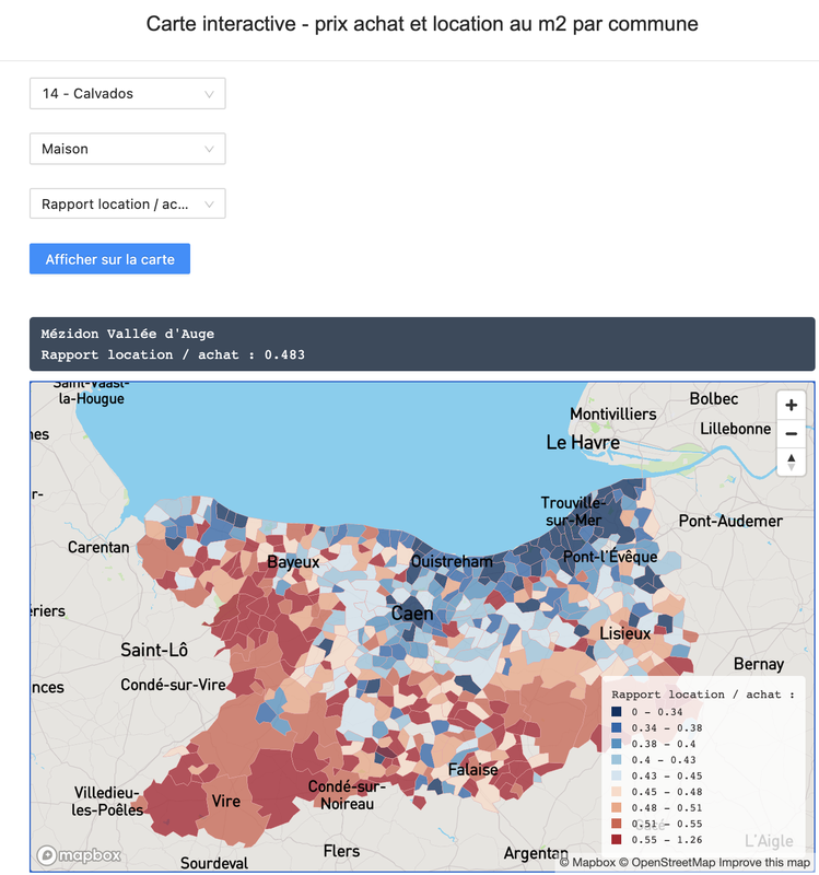 Carte interactive - Immobilier - rendement locatif et prix au m2 par commune : achat et location