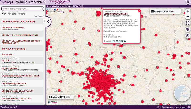 Carte interactive - Centres de dépistage COVID-19