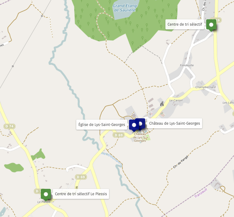 Carte des emplacements des bacs de tri sélectif (papier, verre, emballages) de la commune de Lys-Saint-Georges.