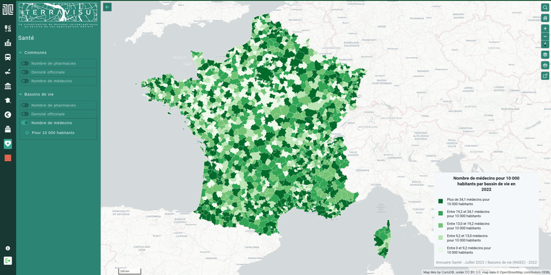 TerraVisu - Nombre de médecins pour 10 000 habitants par bassin de vie en 2022
