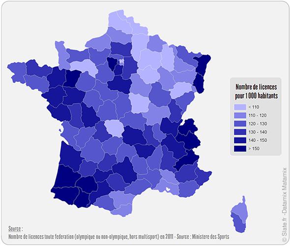 La carte de France des départements comptant le plus de licenciés