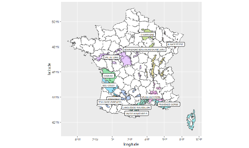 Exemple de visualisation de la cartographie des vignobles AOP français sous R
