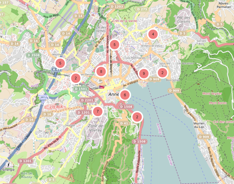 Carte interactive des carrefours équipés de signalisation tricolore - commune d'Annecy