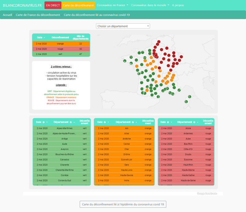 Carte du déconfinement lié à l'épidémie de Coronavirus (covid-19) en France