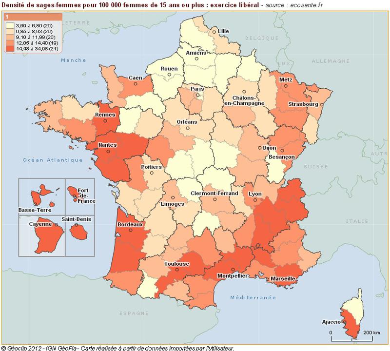 Sages-femmes : densité pour 100 000 femmes de 15 ans ou plus par mode d'exercice