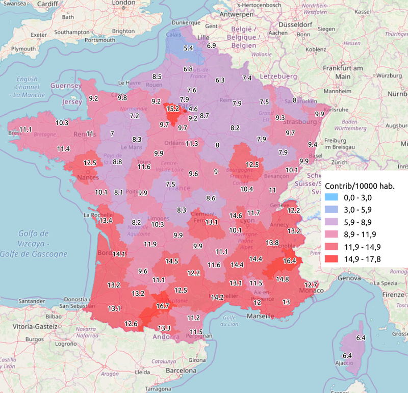 Contributions rapportées à la population par département sur granddebat.fr