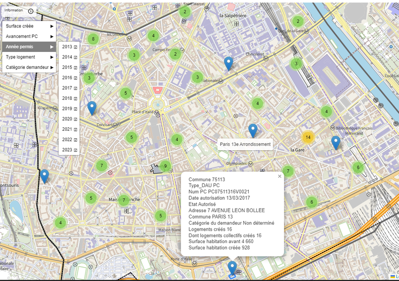 Carte des permis de construire et démolir géolocalisés issus de SITADEL et statistiques par commune