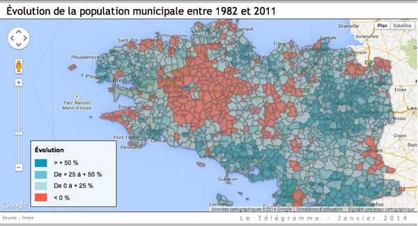 Bretagne. Evolution de la population ville par ville entre 1982 et 2011