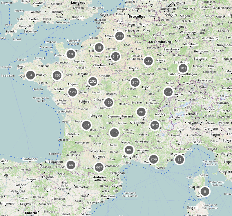 Carte des monuments aux morts présents dans les données OpenStreetMap en France