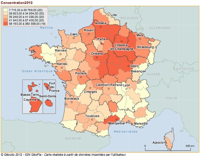Concentration de l'aide de la PAC par département 2010-2012