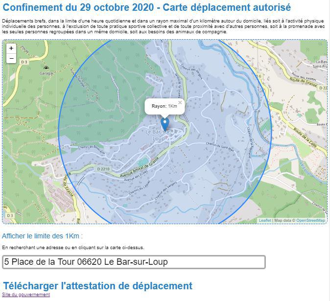 Covid 19 - Carte avec rayon de 1Km vol d'oiseau autour de votre adresse