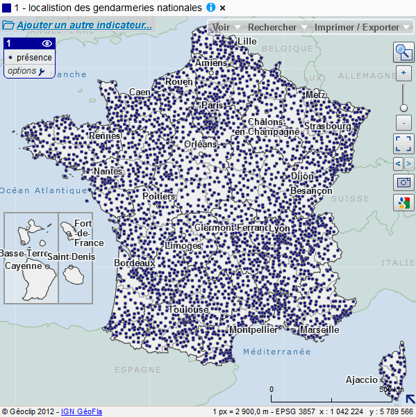 Carte de localisation des points d'accueil de la gendarmerie nationale