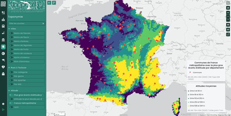 TerraVisu - Communes de France métropolitaine avec le plus gros écart d'altitude par département