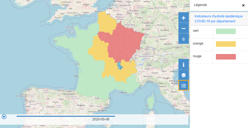 Carte présentant l'évolution de l'indicateur décrivant l'activité épidémique par département dans le temps