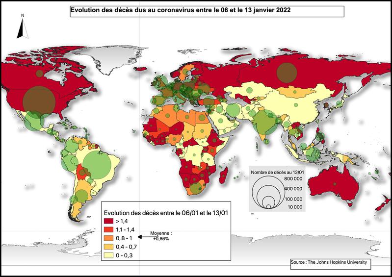 Evolution des décès dus au coronavirus entre le 06 et le 13 janvier 2022