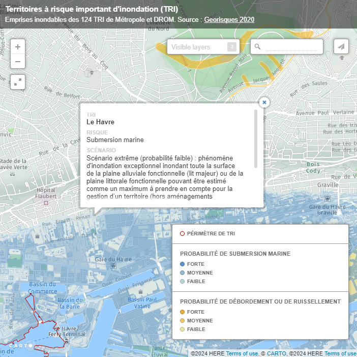 Cartographie des zones inondables des Territoires à risque important d'inondation (TRI)