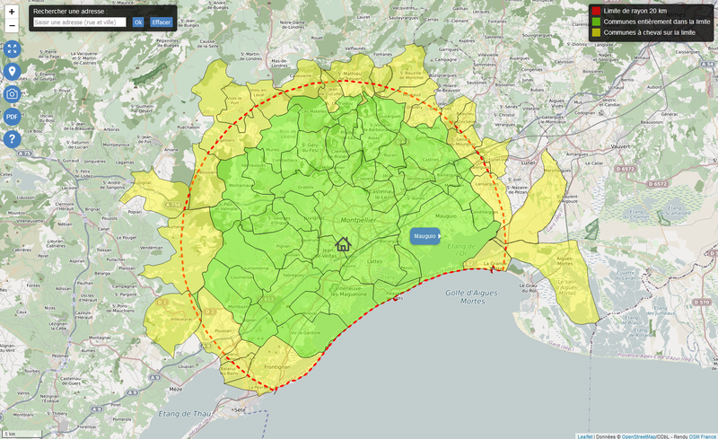 Calcul de la zone des 20 km pour le deuxième déconfinement du 28/11/2020