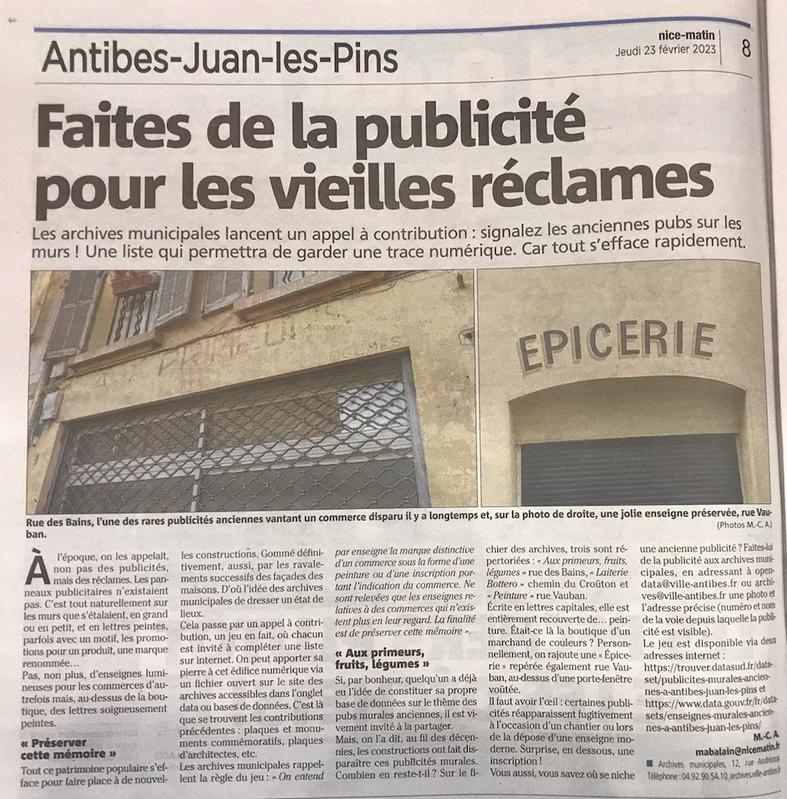 Article de Nice Matin en date du 23.02.2023 (auteur Marie-Christine Abalain)