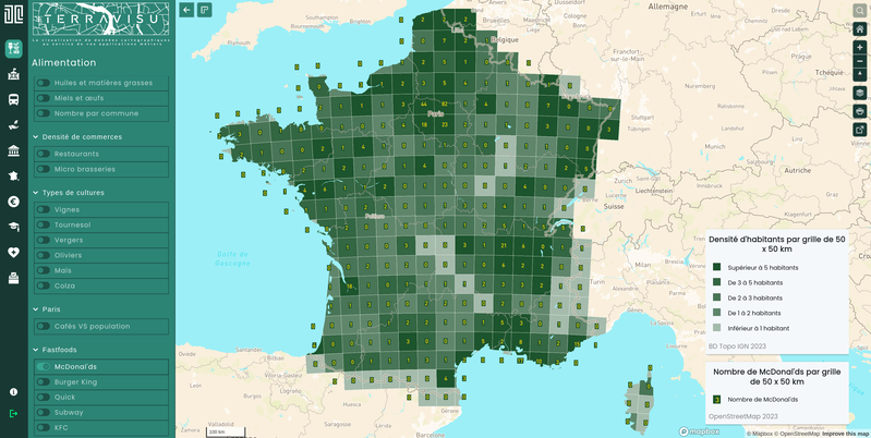 TerraVisu - Nombre de McDonal'ds par grille de 50 x 50 km