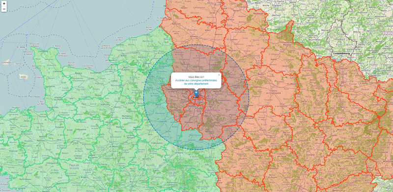 Carte de la zone de sortie de 100 km à  vol d'oiseau autour du domicile pour le déconfinement 