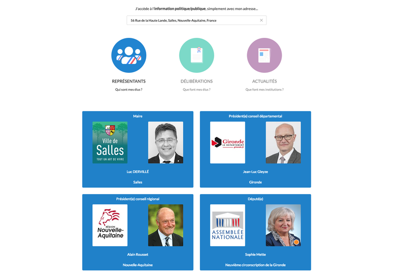 Identifier tous ses représentants élus simplement avec son adresse.