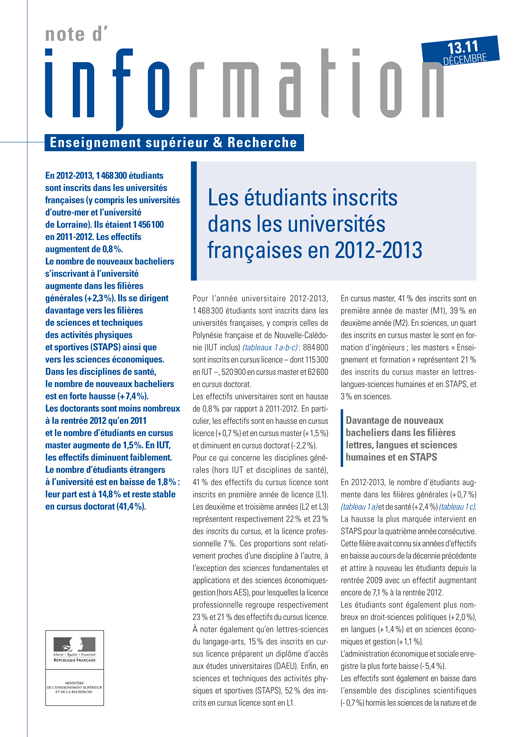 Note d'information 13.11 - Les étudiants inscrits dans les universités françaises en 2012-2013