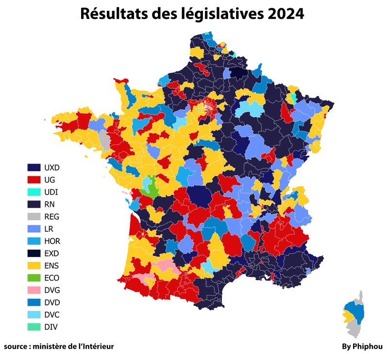 Carte des résultats des législatives 2024, 1er et second tour combinés
