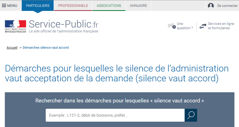 Services en ligne et formulaires du site service-public.fr - Démarches « silence vaut accord »