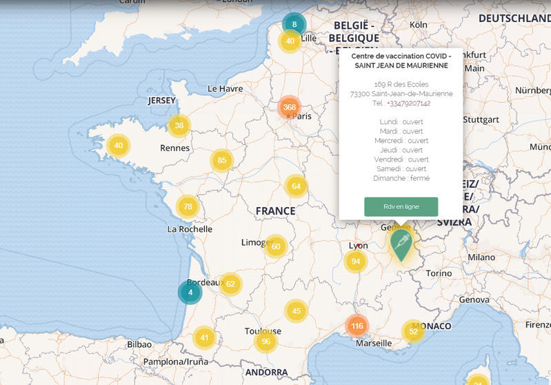 Géolocalisation des lieux de vaccination Covid-19 proche de vous (centres de vaccination et pharmacies) et prise de rendez-vous.