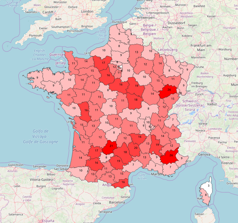Nombre de réunions locales du grand débat pour 100.000 habitants