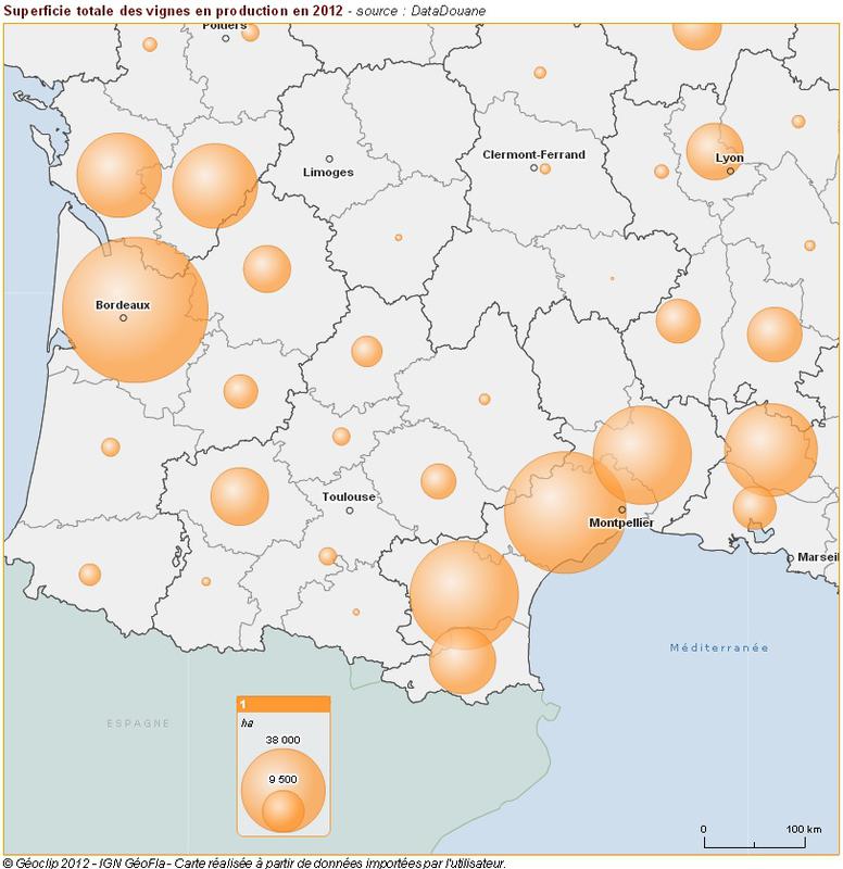Statistiques viti-vinicoles : superficie totale des vignes en production en 2009, 2010, 2011 et 2012