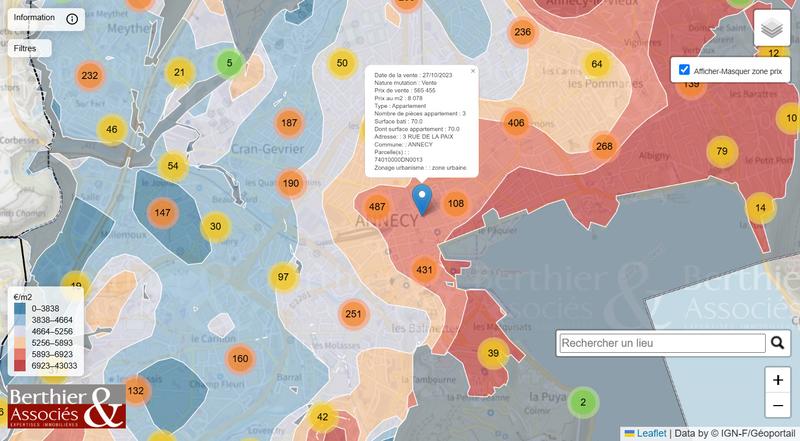 Carte de chaleur du prix moyen de l'immobilier et transactions détaillées