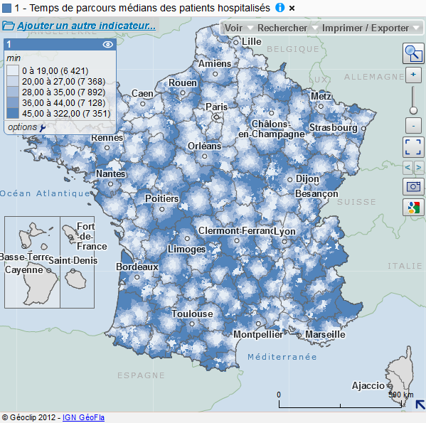 Cartographie du temps de parcours médians des patients hospitalisés par commune