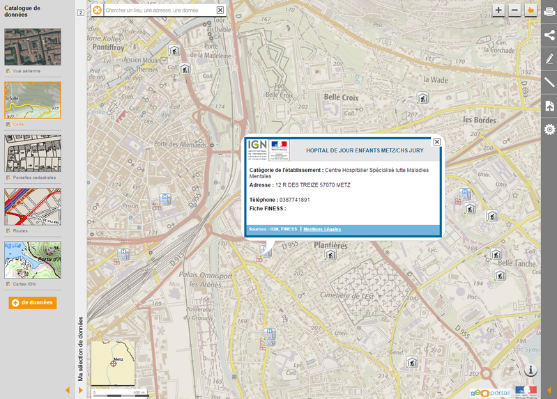 Visualisation Géoportail des données "établissements de santé" de la BD TOPO avec lien vers le fichier FINESS