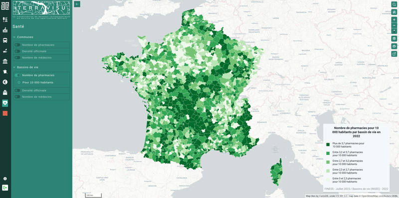 TerraVisu - Nombre de pharmacie pour 10 000 habitants par bassin de vie en 2023