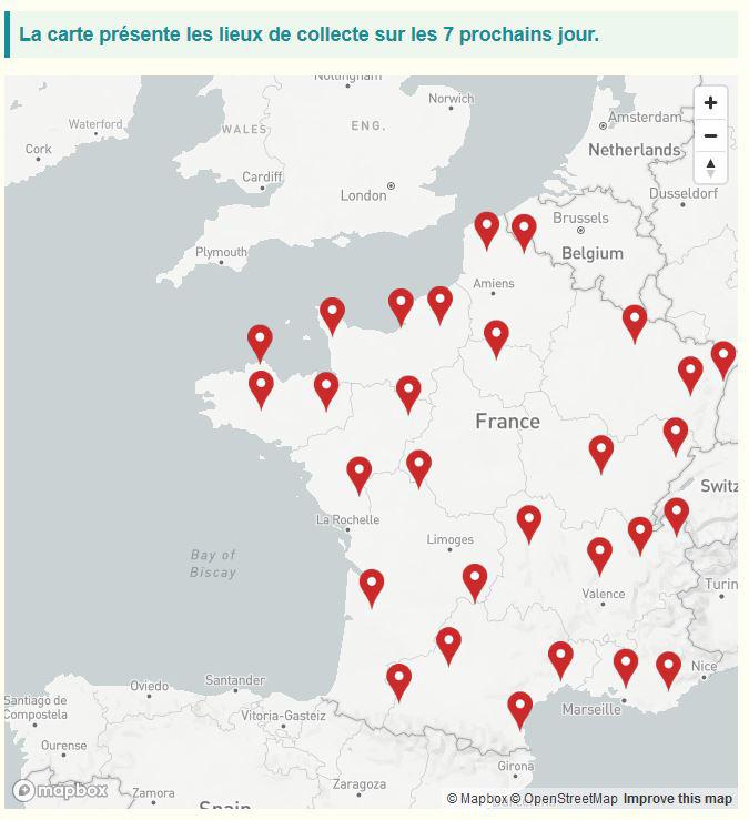 La carte présente les lieux de collecte sur les 7 prochains jour.