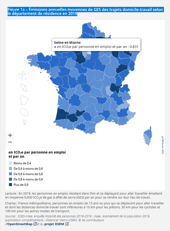 Déplacements domicile‑travail : des émissions de gaz à effet de serre très variables selon les territoires