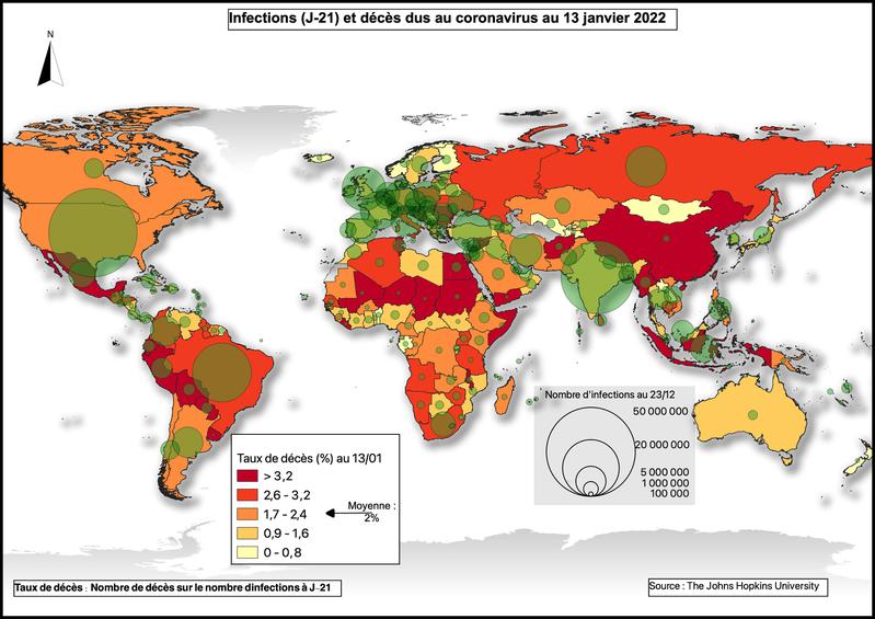 Infections (J-21) et décès dus au corovavirus au 13 janvier 2022