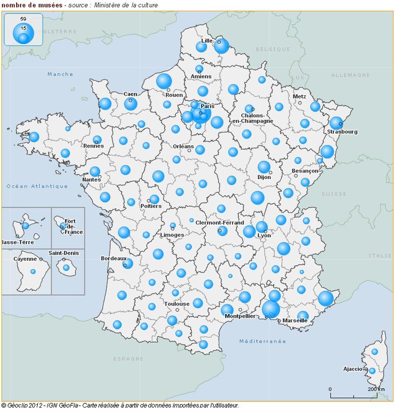 Cartographie du nombre de musées de France par département