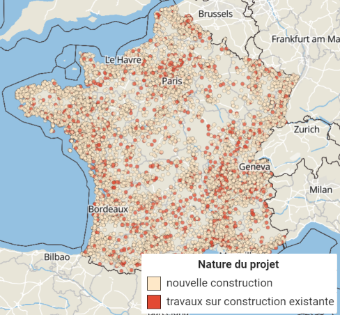 Carte des permis de construire et de déclarations préalables de logements en France - Sitadel