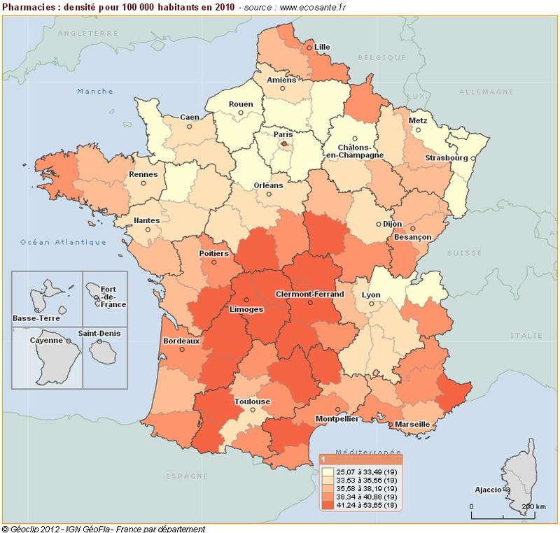 Pharmacies : densité pour 100 000 habitants