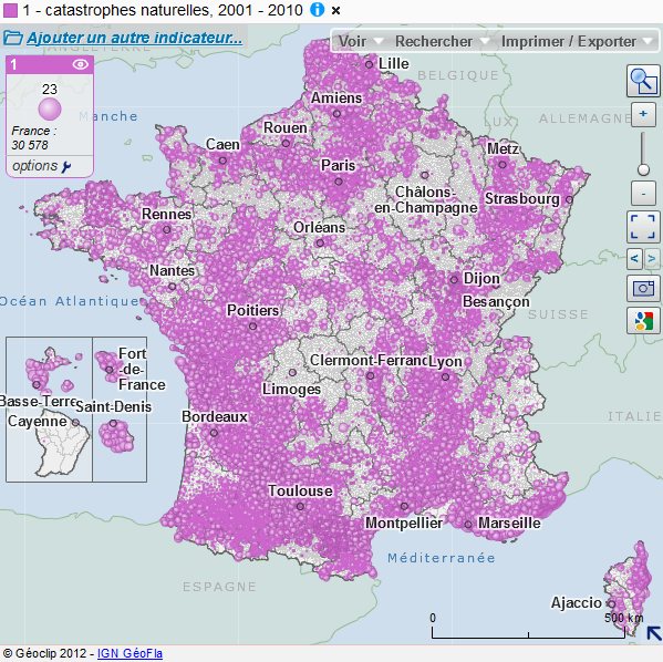 Carte des arrétés de catastrophes naturelles de 2001 à 2010