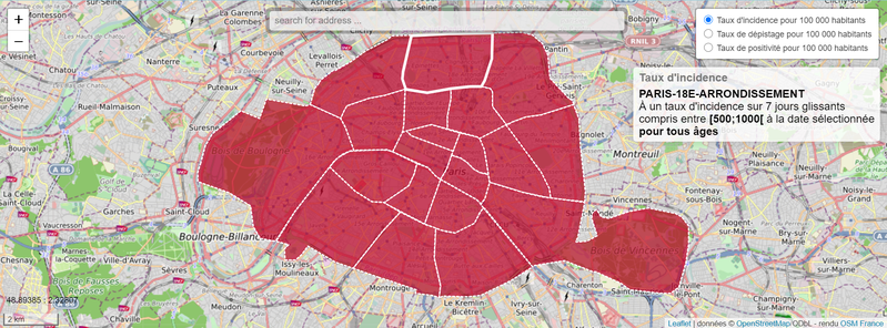 Taux d'incidence, dépistage et positivité COVID par Commune sur une semaine glissante en France Métropolitaine